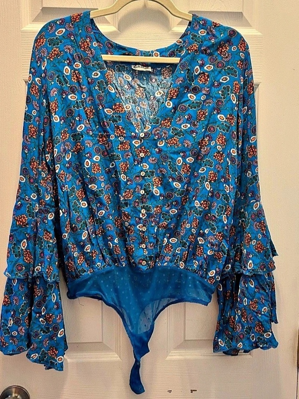 Intimately Free People Shirt Women’s M Blue Floral Long Sleeve Bodysuit Top